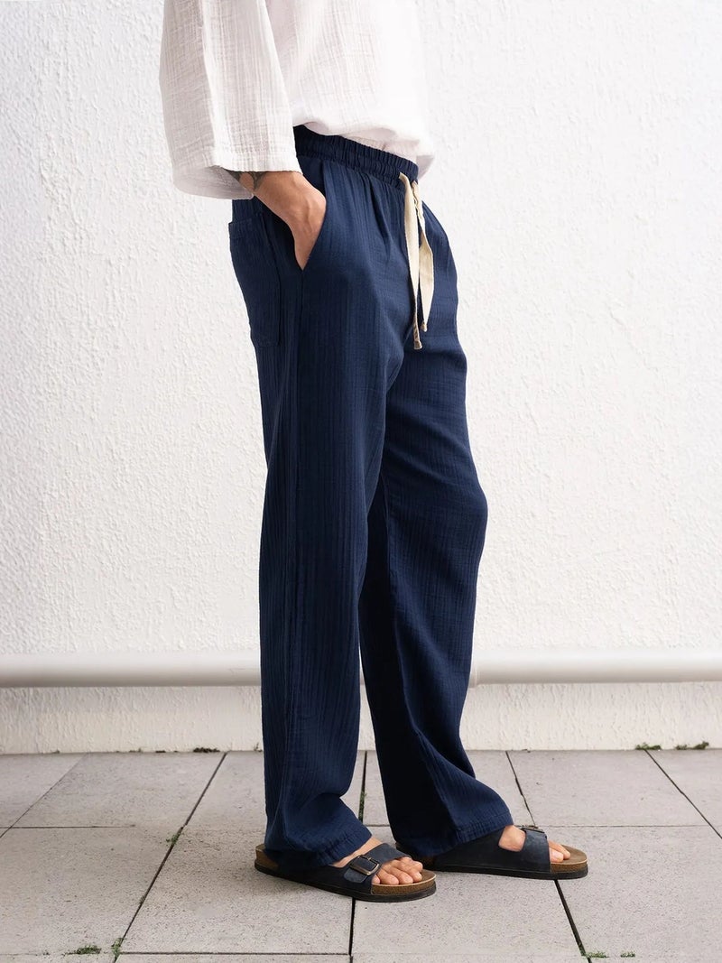 GIESTO Textured Cotton Relaxed Fit Drawstring Waist Pants - Image 3